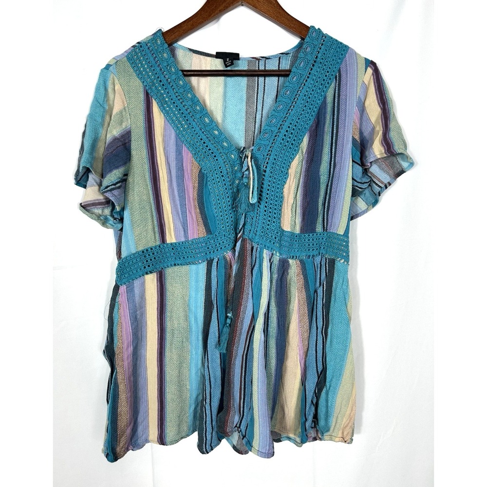 Torrid Striped Babydoll Top Size 2 Boho Crochet Flowy Vacation Travel Jewel Tone